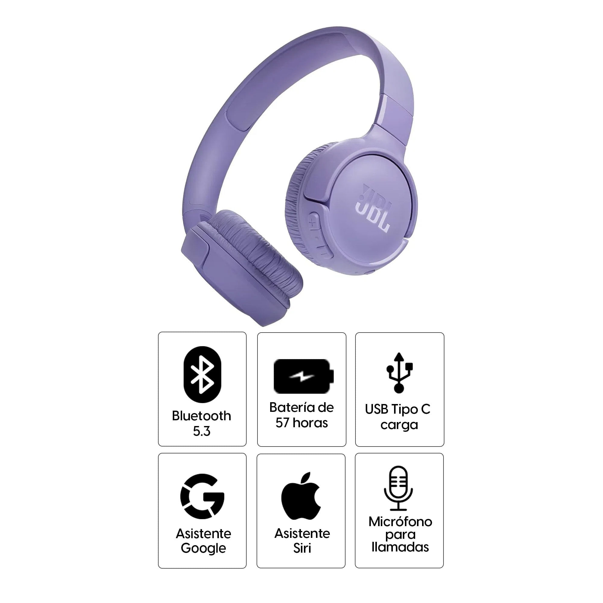 Imagen 2 del producto Audífonos bluetooth on ear JBL T520 Pure Bass micrófono incorporado, máx. 57 horas, control de música y llamadas, morado (reempacado)